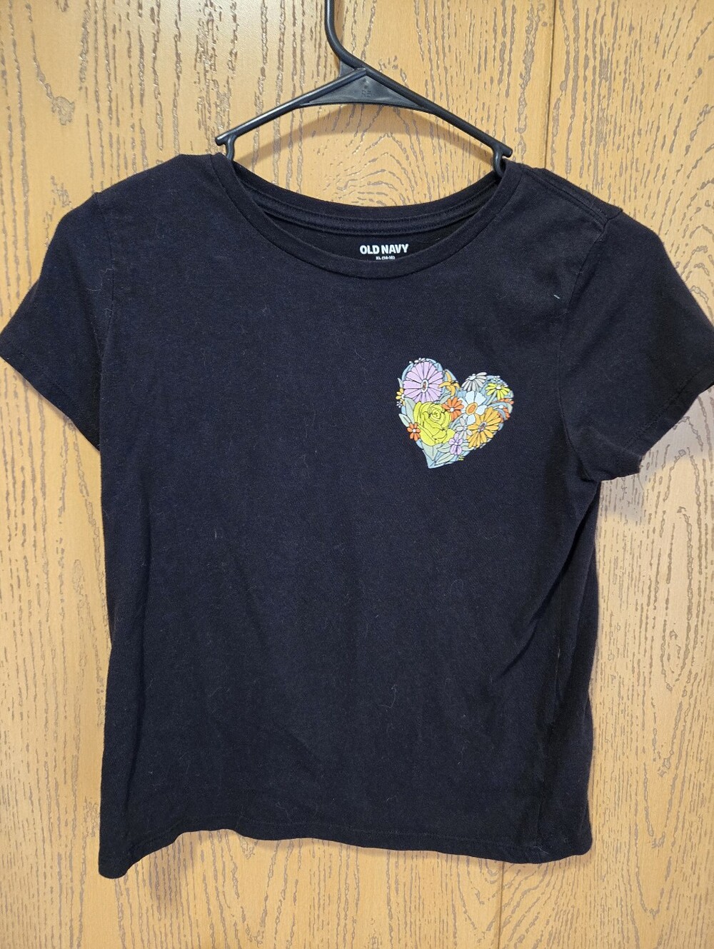 Old Navy Black Short Sleeve Tee with Floral Heart Patch
